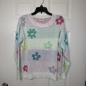 BIBI Multi Flower Sweater White Pastel Knit Floral Oversized Womens Medium